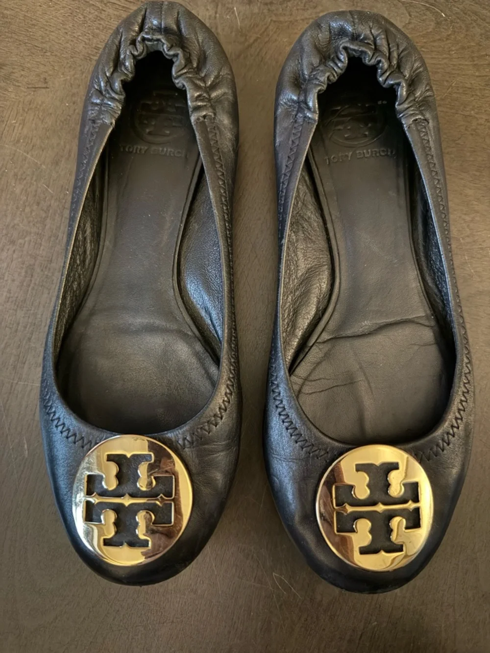 Tory Burch Black Leather Ballet Flats with Gold Logo Medallions